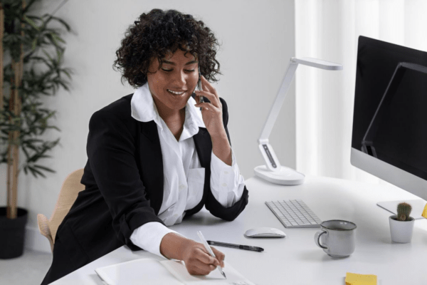 A woman using a phone system in a legal office